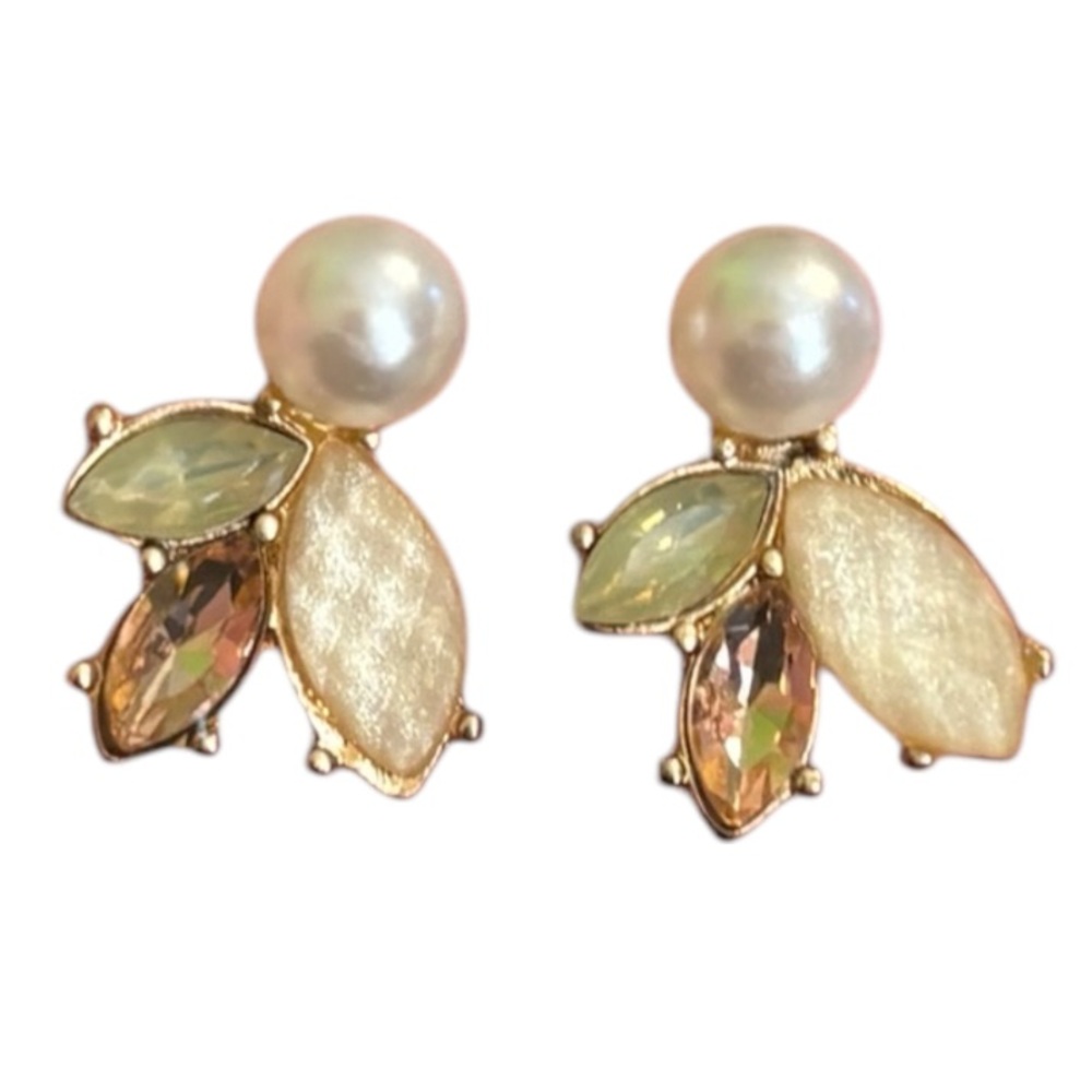 Cluster Faux Gemstone & Pearl Cluster Stud Earrings Sage Amber Champagne Gold